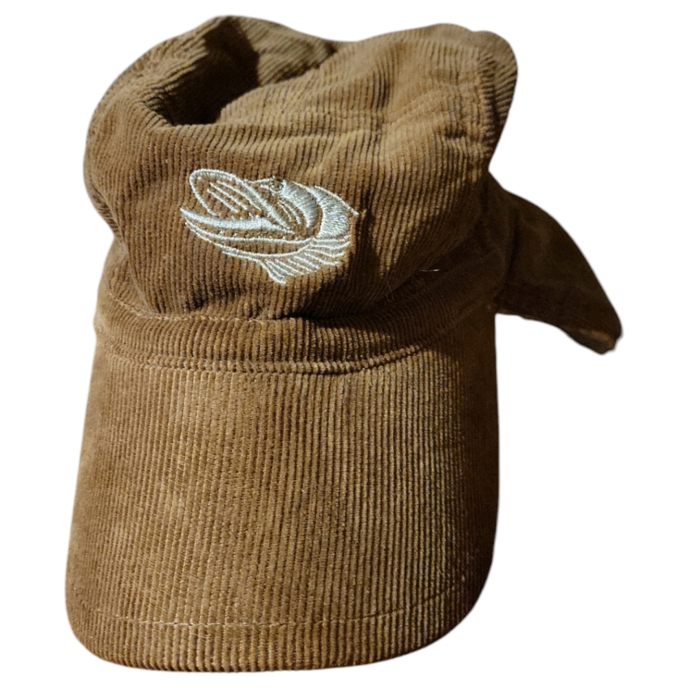 Vtg Unisex Fleece Lined Brown Corduroy Billed Cap Hat Ear Flaps Elastic Stretch